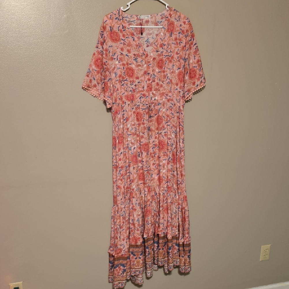 R.Vivimos Womens Summer Cotton Short Sleeve V Neck Floral‎ Print Bohemian Large